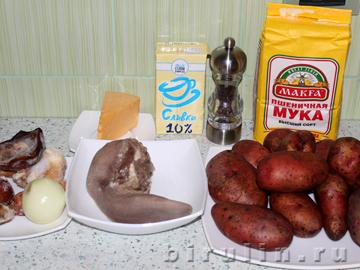 Запеченный картофель с грибами, языком и сыром. Ингредиенты.